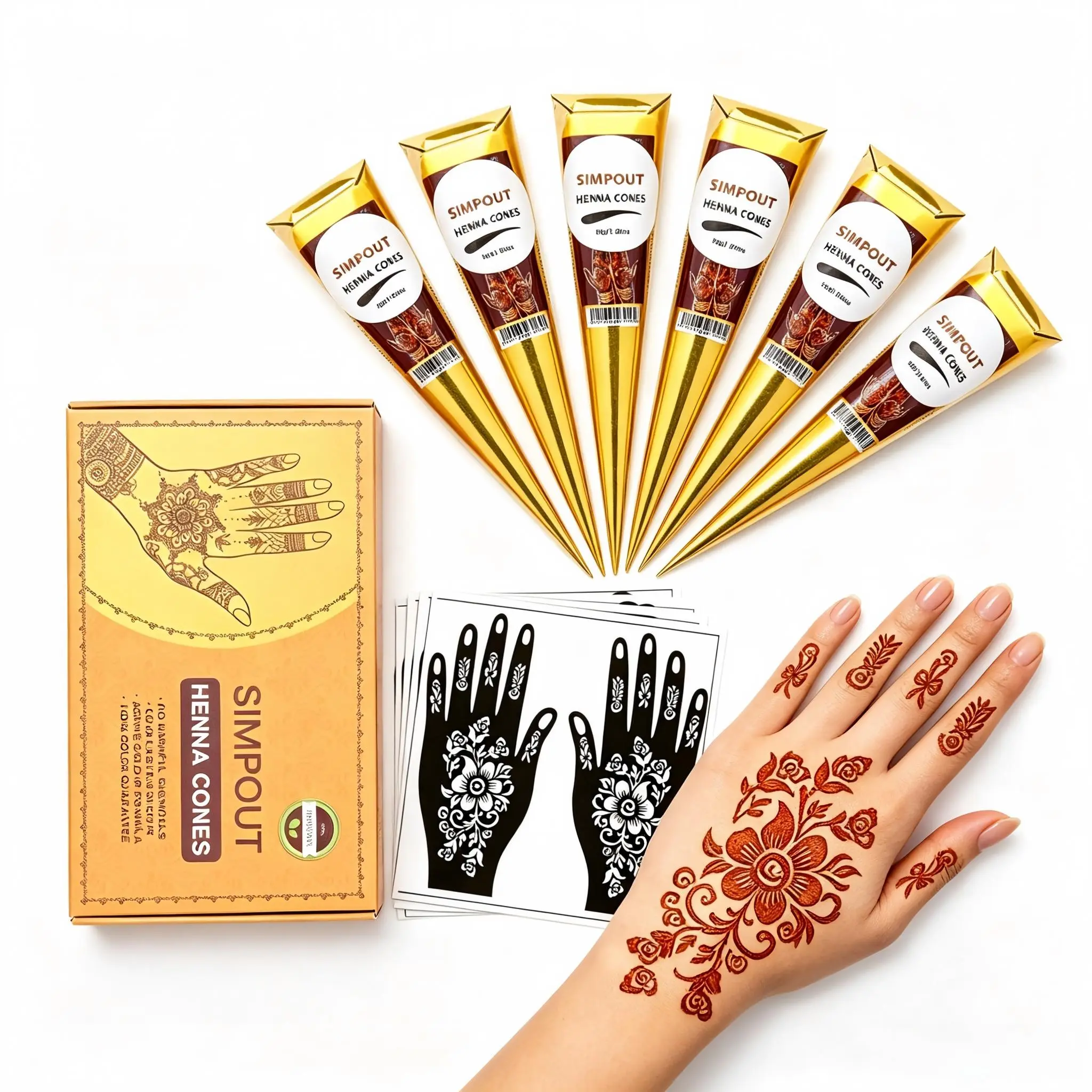 Henna Tattoo Stencils & Henna Cones Set - 20 Sheets tatto Stencils, 6 Pcs(3 colour options) henna Cones for Temporary Body Art (Beauty & Personal Care)