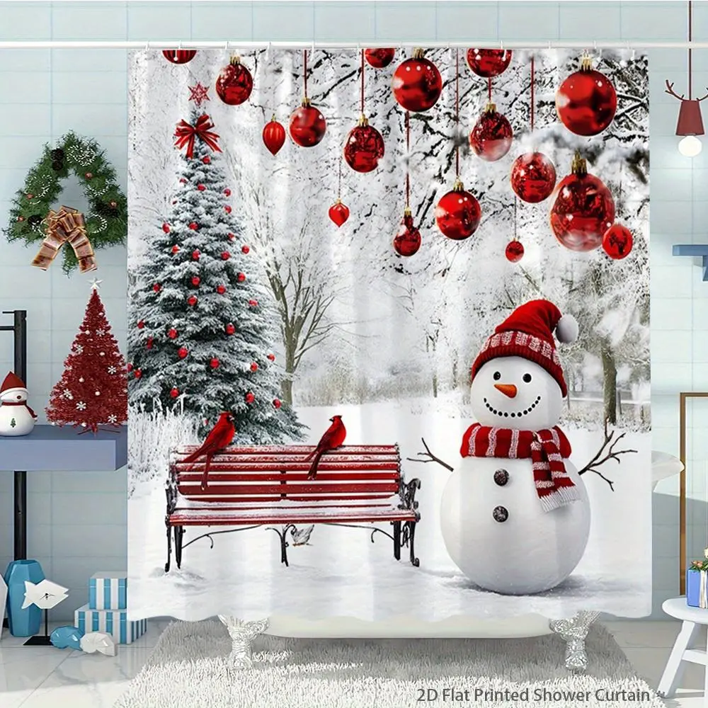 Christmas Thick Flat Shower Curtain (1-Piece, 66x72 in) - Winter Snowman, Red Cardinal & Snowy Trees Bathroom Decor, High-Quality Machine Washable Bath Divider with Metal Grommets & 12 C-Shaped Hooks for Easy Hanging