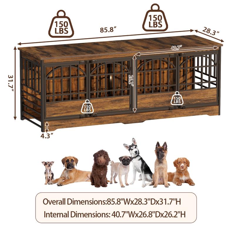 COZPAW Heavy Duty Dog Crate Furniture, 52/78/86 Inch Wooden Dog Kennel Indoor for XLarge Breed, Dog Crates for Large Dogs with Double Doors, Decorate as House TV Stand, End Table-White Brown