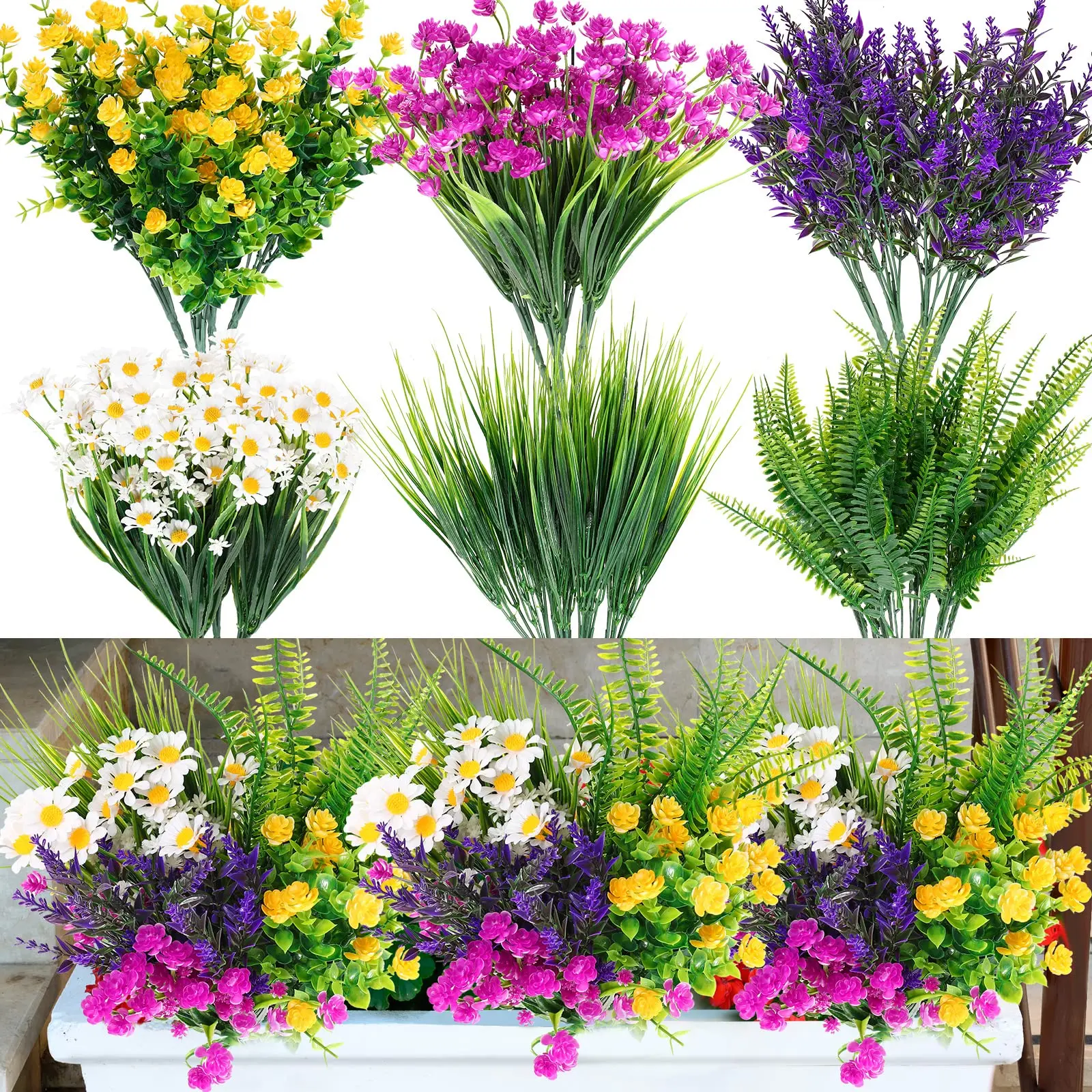 24 Pcs UV-Resistant Mixed Artificial Eucalyptus & Peony Bouquet Artificial Flowers, Hanging Plastic Faux Florals for Indoor, Outdoor Wedding Decor, Mixed Artificial Flowers