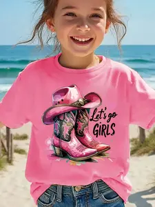 Fashion Vintage Girls Summer T-Shirt | Stylish Cowboy Boots Pattern Print, “Let'S Go Girls” Letter Print, Trendy Toddler Girls T-Shirt, Casual and Light Comfortable Crew Neck Short Sleeve, Medium Stretch Fabric, Regular Fit, Spring/Summer Season