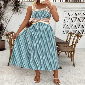 Holiday Casual Printed Patchwork Woven Belt Sleeveless Hollow Out Dress Maxi Vacation Beach Outfits Women Womenswear Fabric Zipper Summer