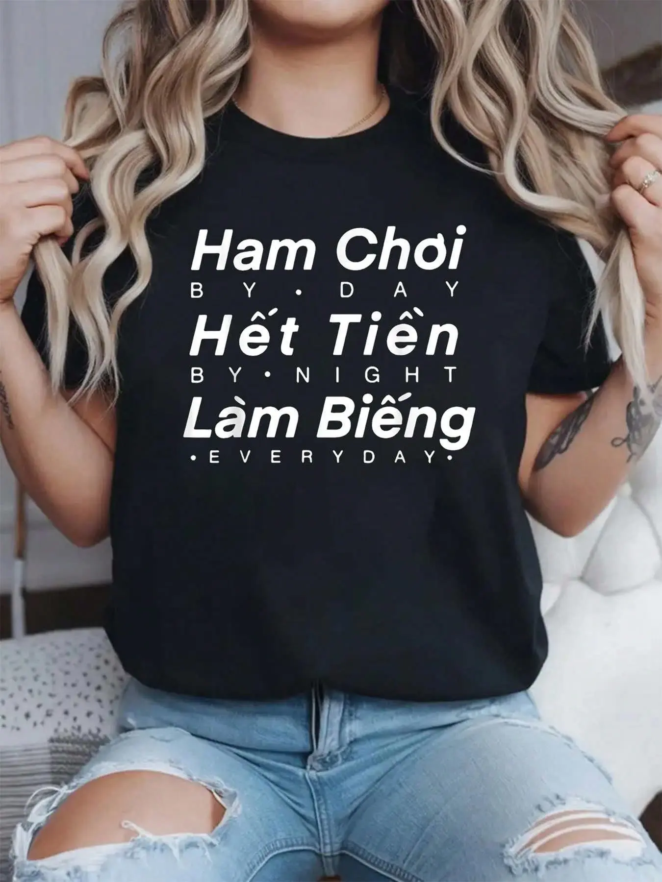 100% Cotton Women T-shirt 100% Cotton Ham Choi Het Tien Lam Bieng, Vietnamese Funny Phrase. T-Shirt Print Shirts Print Crew Neck T-Shirt, Women Graphic T Shirts, Casual Short Sleeve T-Shirt For Spring & Summer, Women's Clothing.jpg