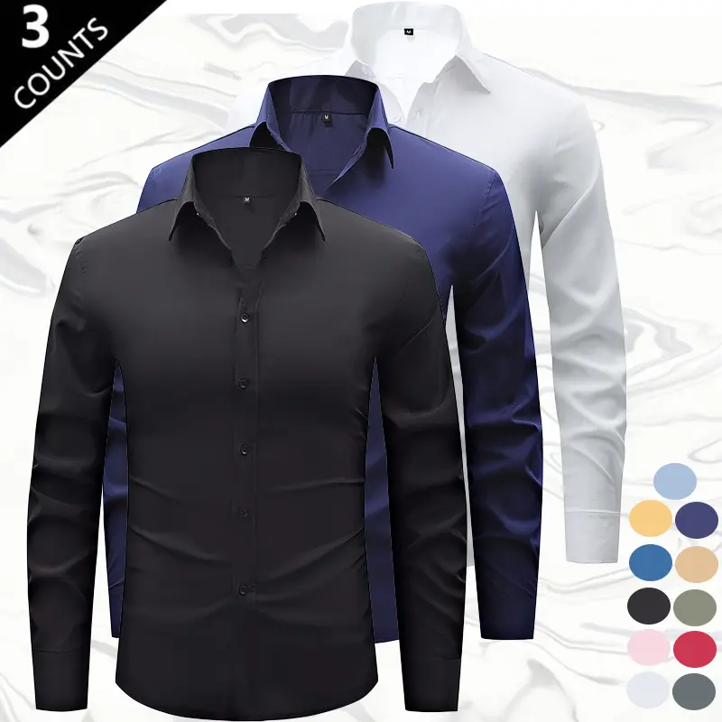 Men’s solid-color slim-fit long-sleeve shirt set of three—business casual, versatile for commuting—made from high-stretch, skin-friendly, breathable, wrinkle-resistant, non-iron fabric with a refined notched collar and neat, flat stitching. Suitable tikto