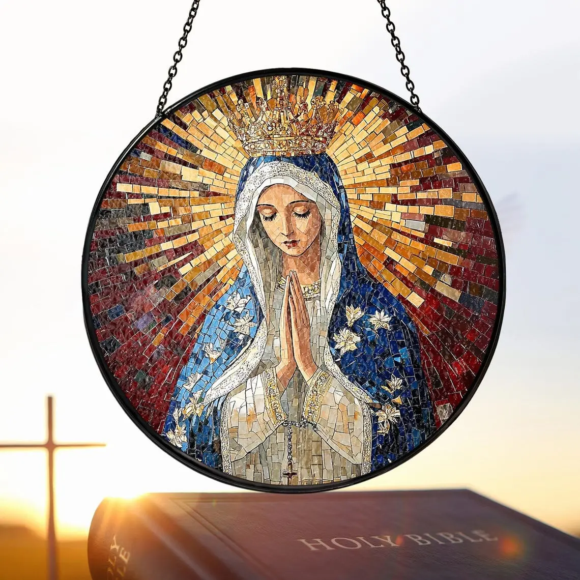 Blessed Virgin Mary Round Stained Glass Suncatcher - Light Decorative Christian Window Religious Decorations, Praying Madonna Christmas Gift for Christianity Enthusiasts, Hanging