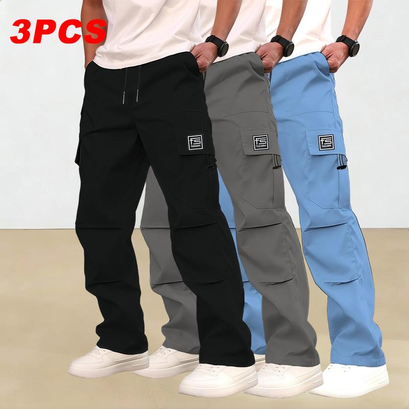 Men's multi-pocket work pants, 3-pack, suitable for all seasons and machine washable; mid-rise with drawstring closure; non-stretch polyester fabric; casual wear with pockets; versatile cargo pants