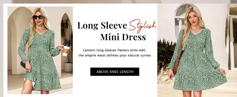 AUSELILY Women‘s Casual Tunic Dress V Neck Tiered Swing Flowy A-line Mini Short Dresses with Pockets Floral Womenswear Ruffled Dresses