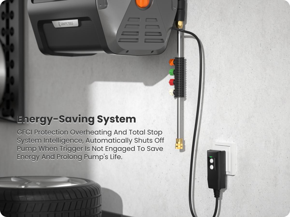 Giraffe Tools Grandfalls Retractable 2900PSI & 2.2 GPM Pressure Washer 2X Lower Noise for quite Essential 100ft replaceable Ultra-Soft Hose, 4 Nozzles, Total Stop System, Breezy Retraction, Eco-Friendly Reuse, Ready-To-Use Design
