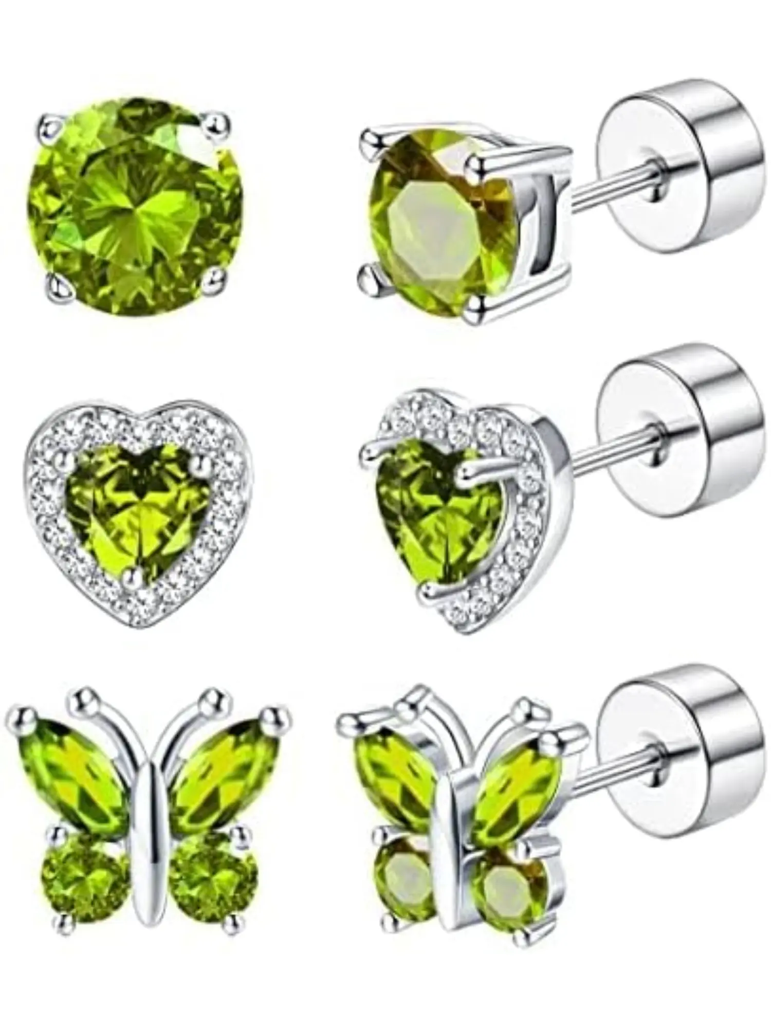 3Pairs 925 Sterling Silver Birthstone Earrings, Pretty Studs, Flat Back for Women Girls Multicolor CZ Heart Hypoallergenic Stud Earrings for Birthday Gift Jewellery Set Pack