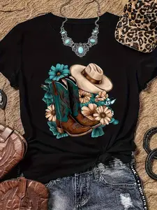 100% Cotton Western Cowboy Style Graphic Print T-shirt, Short Sleeve Crew Neck Casual Top for Summer & Spring, Women's Clothing