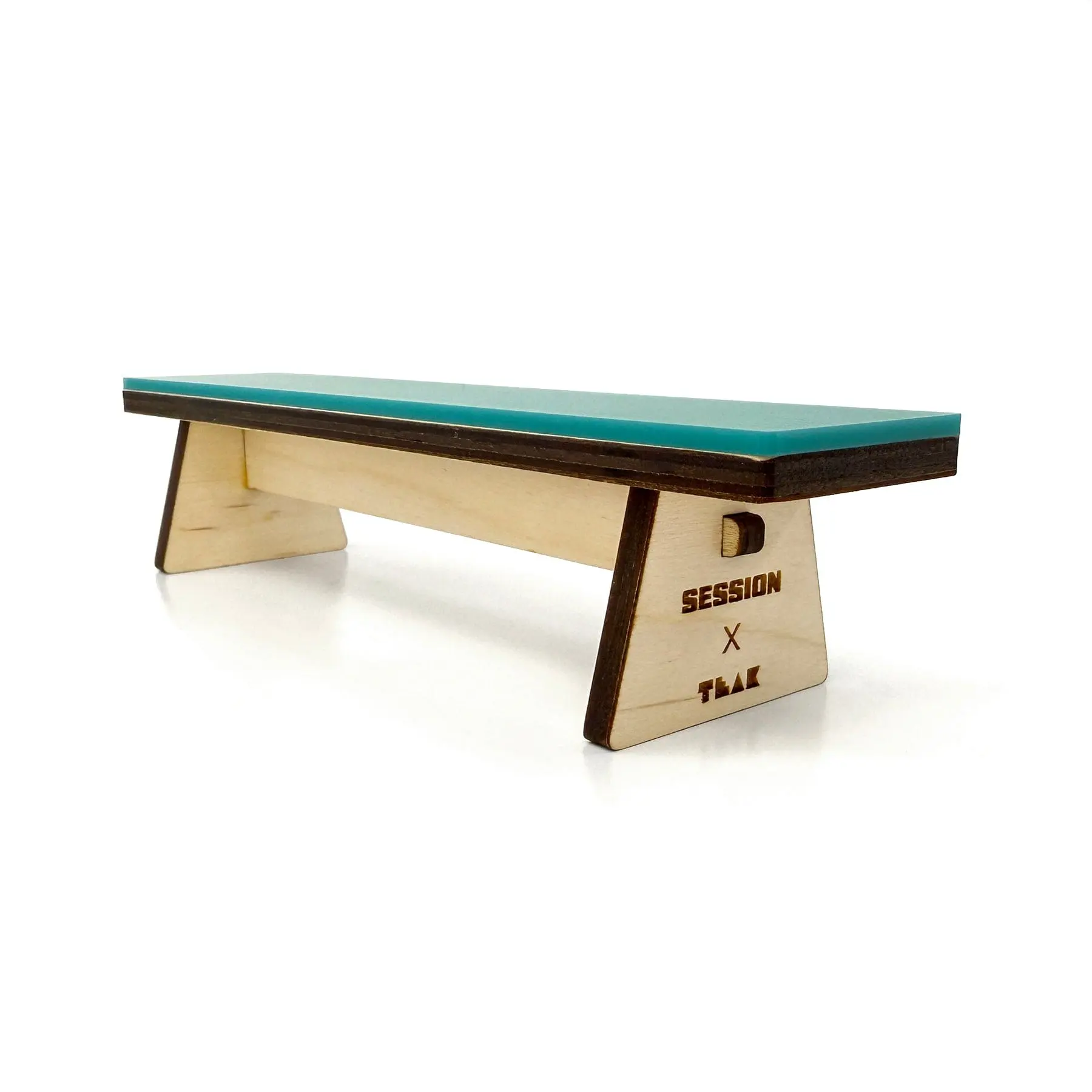 Session x Teak Bench - 7.875" Wooden Fingerboard Grind Obstacle, Teal Acrylic
