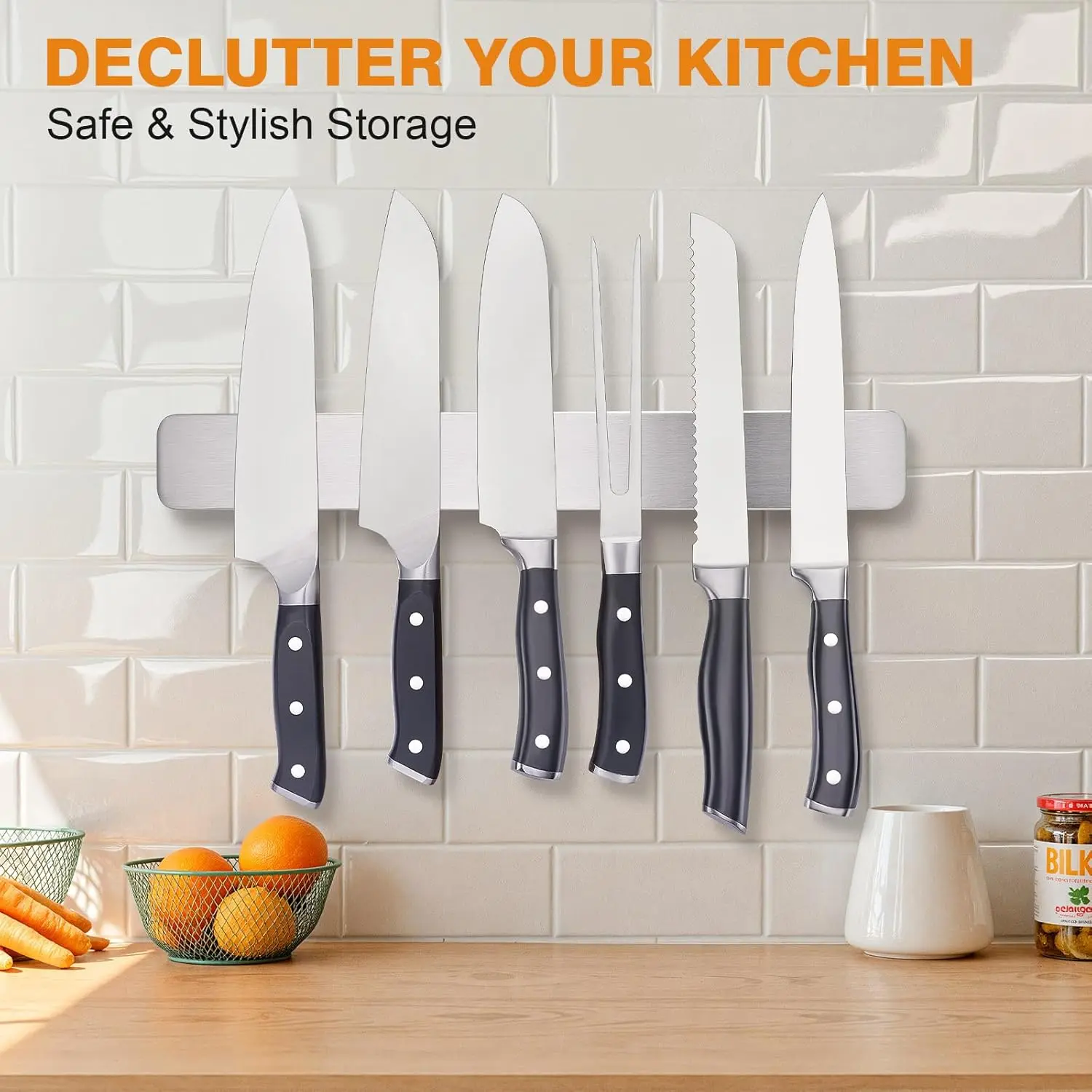 Stainless Steel Rustproof Magnetic Knife Holder - No-Drill, Easy-to-Set Up Rack for Organized Kitchen Utensils, Durable Wall or Refrigerator Storage with Secure Hold, High Stability Design