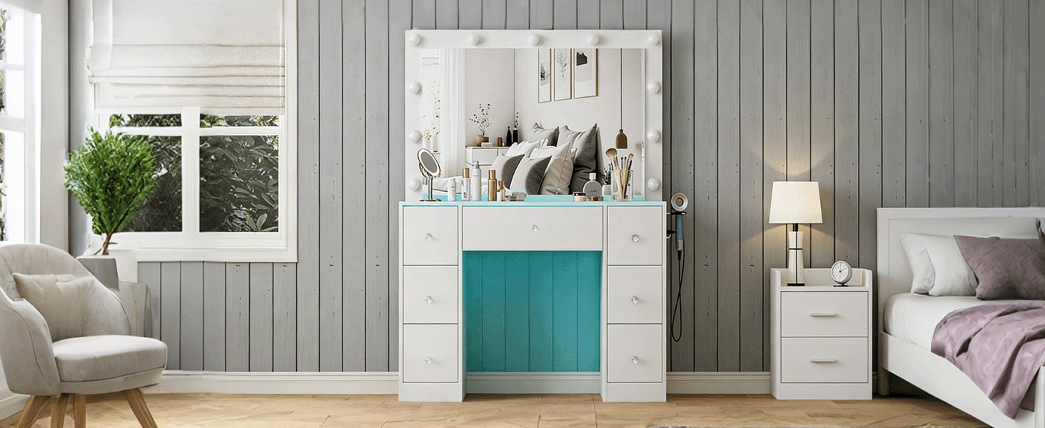 CollaredEagle Dressing Table with Power Socket, 11 Adjustable Lights, Mirror, 7 Drawers, 11 Compartments, Padded Stool for Bedroom, Walk-in Closet, White Vanity Desk Furniture CollaredEagle Dressing Table with Power Socket, 11 Adjustable Lights, Mirror, 7 Drawers, 11 Compartments, Padded Stool for Bedroom, Walk-in Closet, White Vanity Desk Furniture