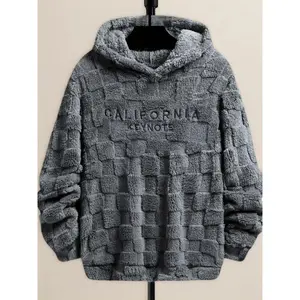 Men's letter embroidered off shoulder fuzzy hooded sweatshirt, regular fit casual fashion fabric spring and autumn long sleeved hooded sweatshirt, men's clothing, fashionable men's long sleeved daily wear, street wear, fashionable clothing