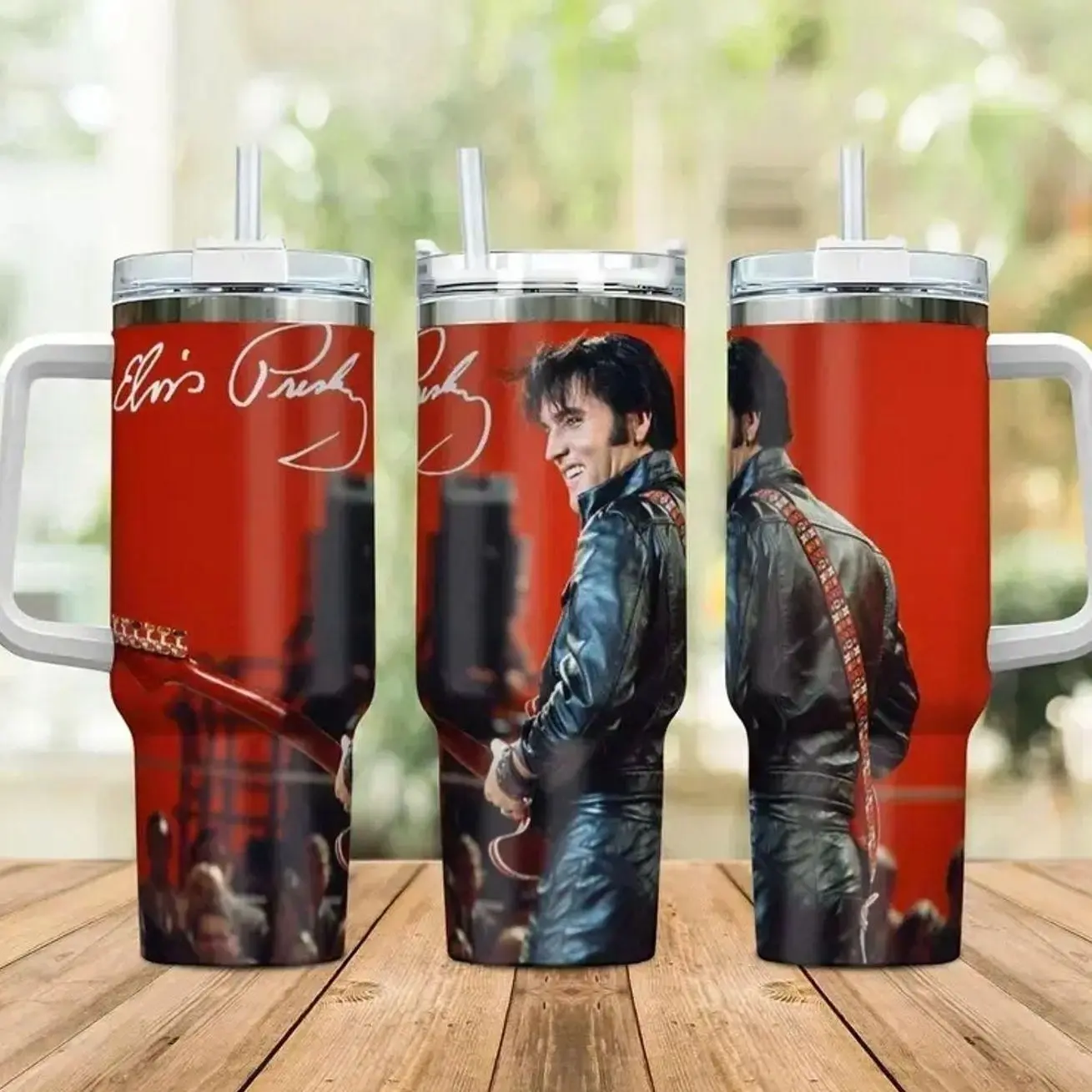 Elvis Presley 40oz Insulated Tumbler With Handle & Straw, Vintage Rock N Roll King Of Rock Music Fan Gift, 1968 Comeback Special Leather Jacket Stainless Steel Travel Mug, Retro Singer Signature Graphic Cup For Men Women