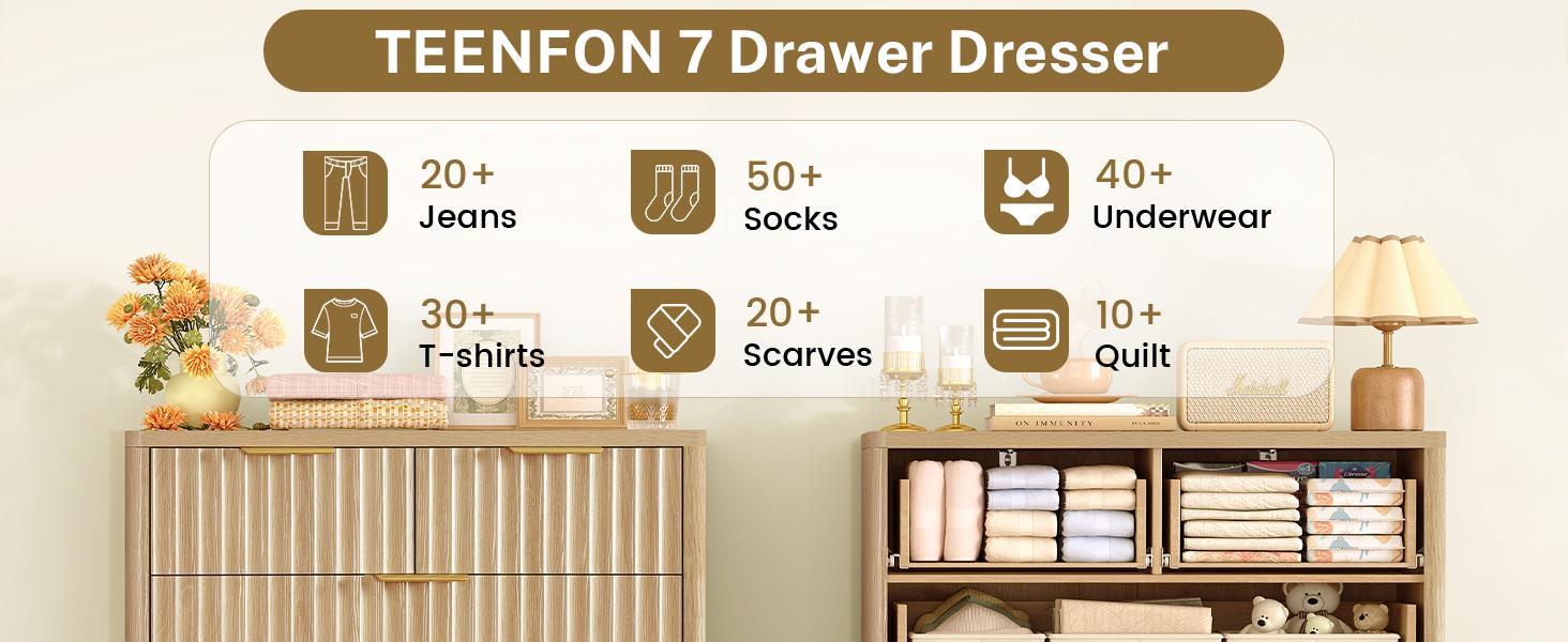 Modern Wooden  Fluted Dresser with 9 Drawers 53'' Wide Farmhouse Dressers with Faux Marble Top Wood Chests of Drawers with Gold Handle & Curved Profile Dresser for Bedroom  Cupboard