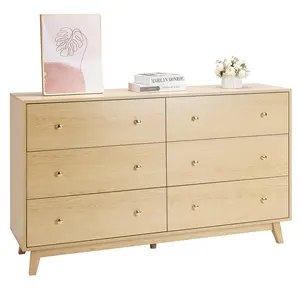 【FathersDayGift】VEVOR 6 Drawer Dresser,  Wooden Chest of Drawers with Sliding with Anti-tip Device, Modern Minimalist Dresser Chest, Closet Storage Organizer for Living Room, Hallway, Bedroom, Entryway, Light Wood