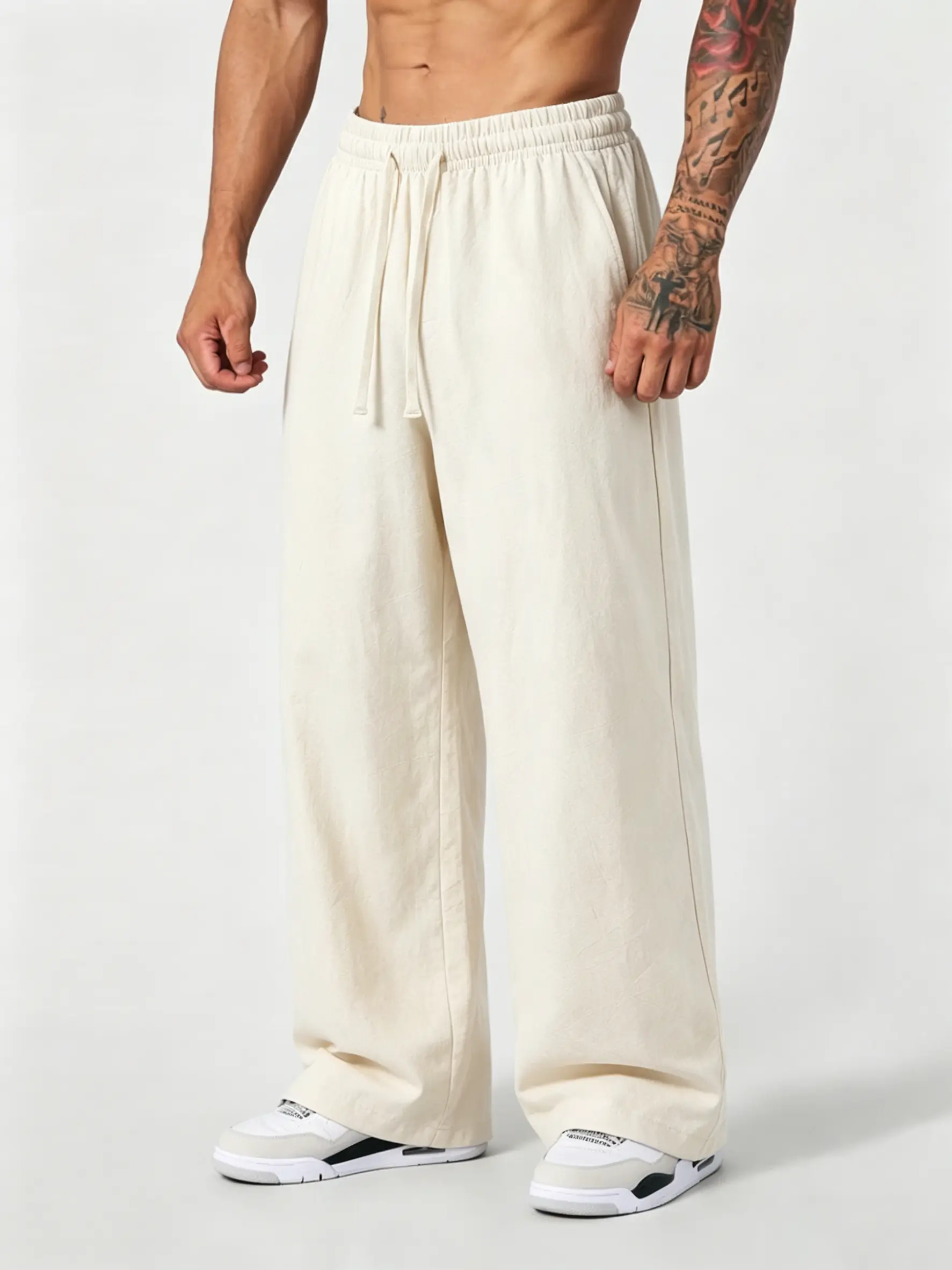 summervibes Men’s summer casual athletic pants made of pure cotton and linen, loose straight cut, lightweight and breathable, simple versatile design