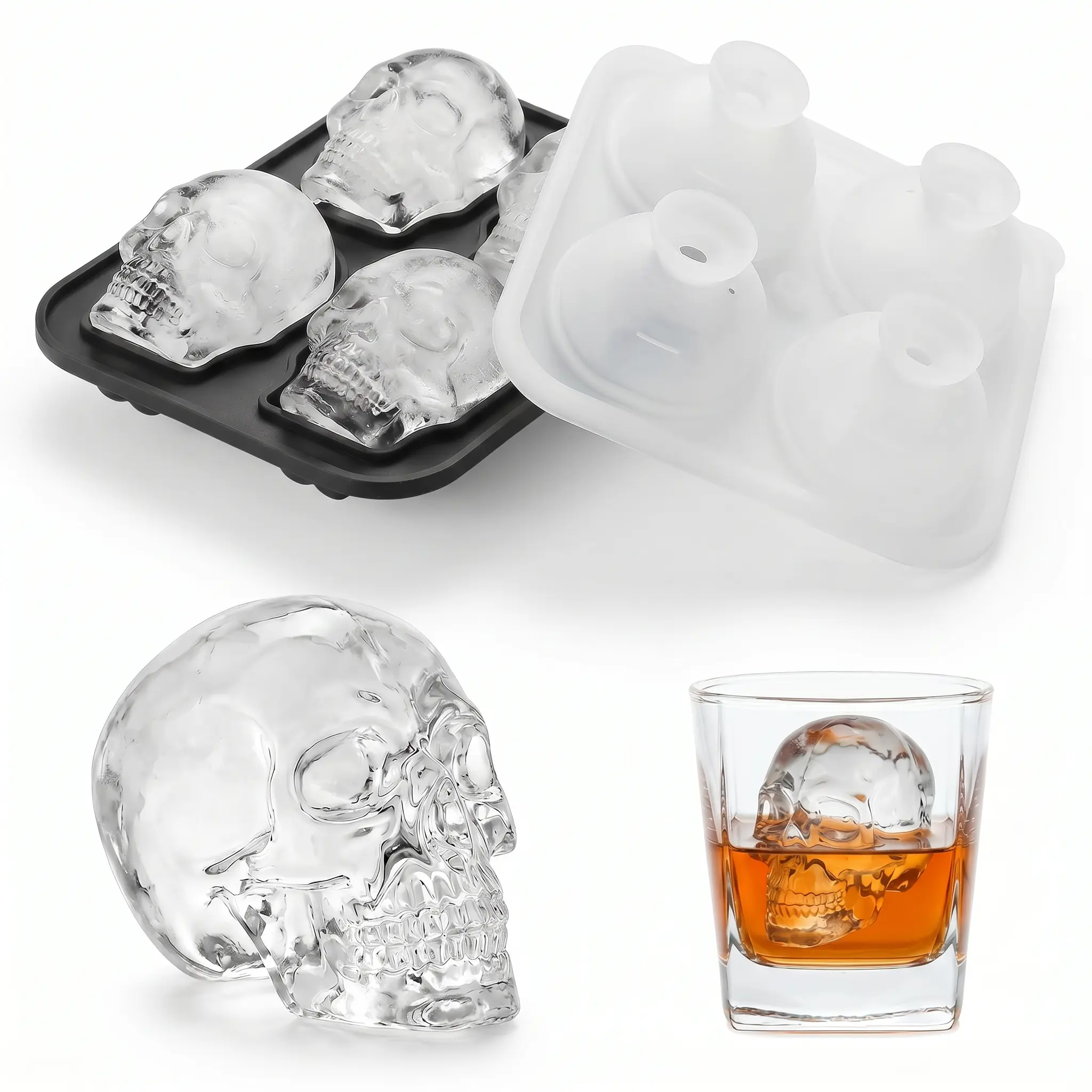 Extra Large 3D Skull Ice Cube Tray with Clear Funnel, Easy Release Silicone Mold, 4 Cute and Funny Ice Skull for Whiskey,Cocktails and Juice Beverages,Black