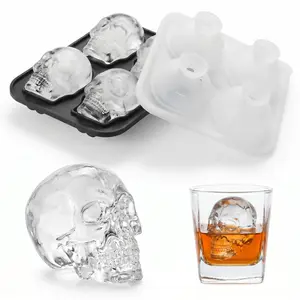 Extra Large 3D Skull Ice Cube Tray with Clear Funnel, Easy Release Silicone Mold, 4 Cute and Funny Ice Skull for Whiskey,Cocktails and Juice Beverages,Black
