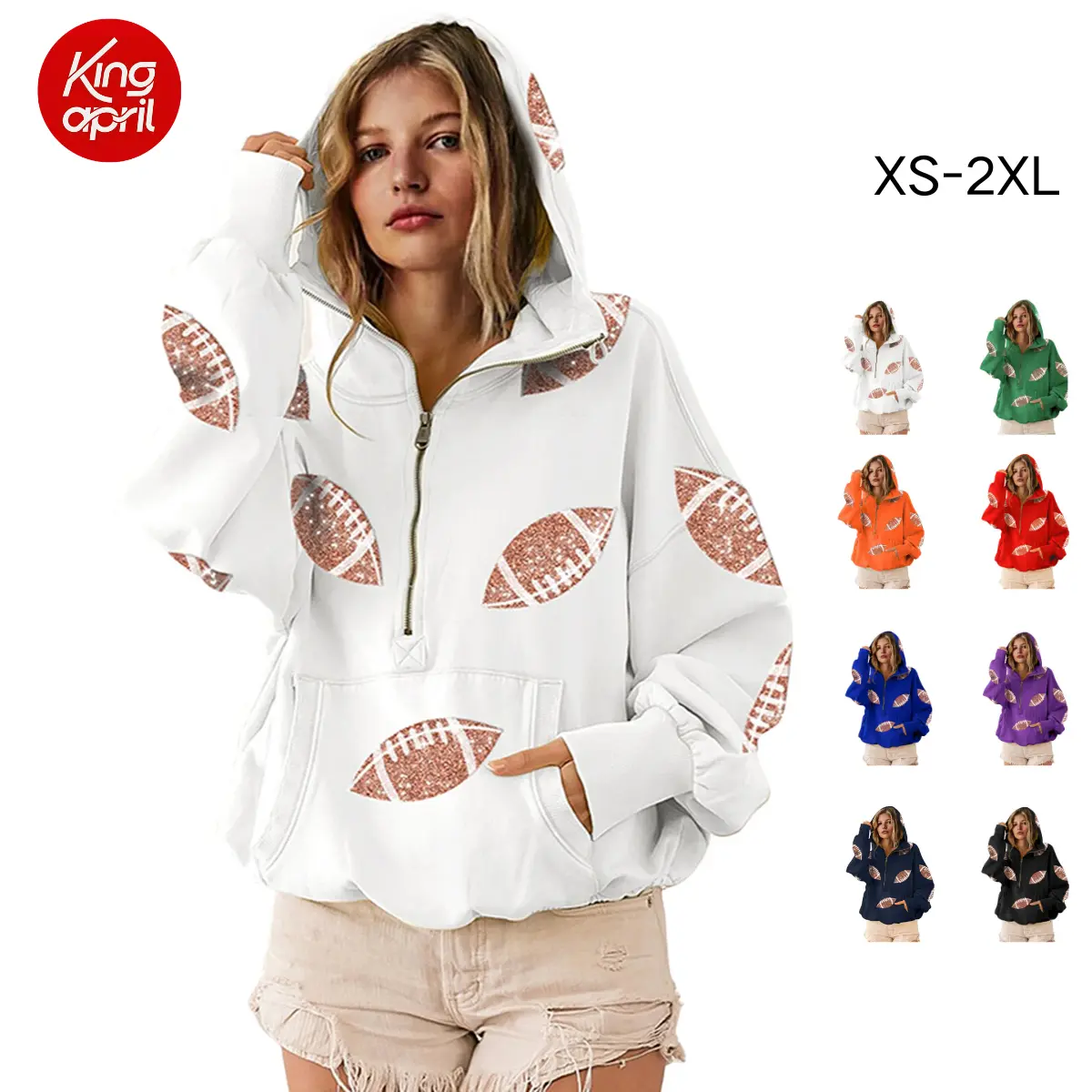 Kingapril Women's Game Day Sweatshirts Football Sequin Hoodies Tailgate Outfits Long Sleeve Zipper Sweaters with Pocket Casual Womenswear,back to school,back to school shopping,clothes for back to school,first day of school outfits