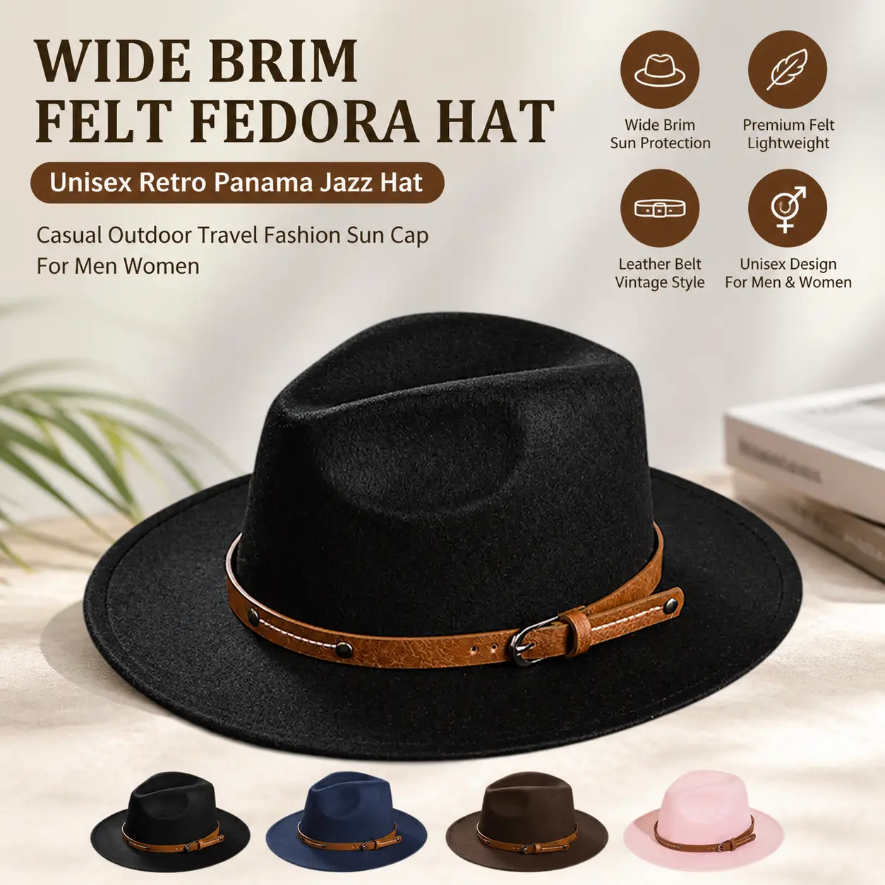 Wide Brim Felt Fedora Hat With Leather Belt, Unisex Retro Panama Jazz Hat Casual Outdoor Travel Fashion Sun Cap For Men Women