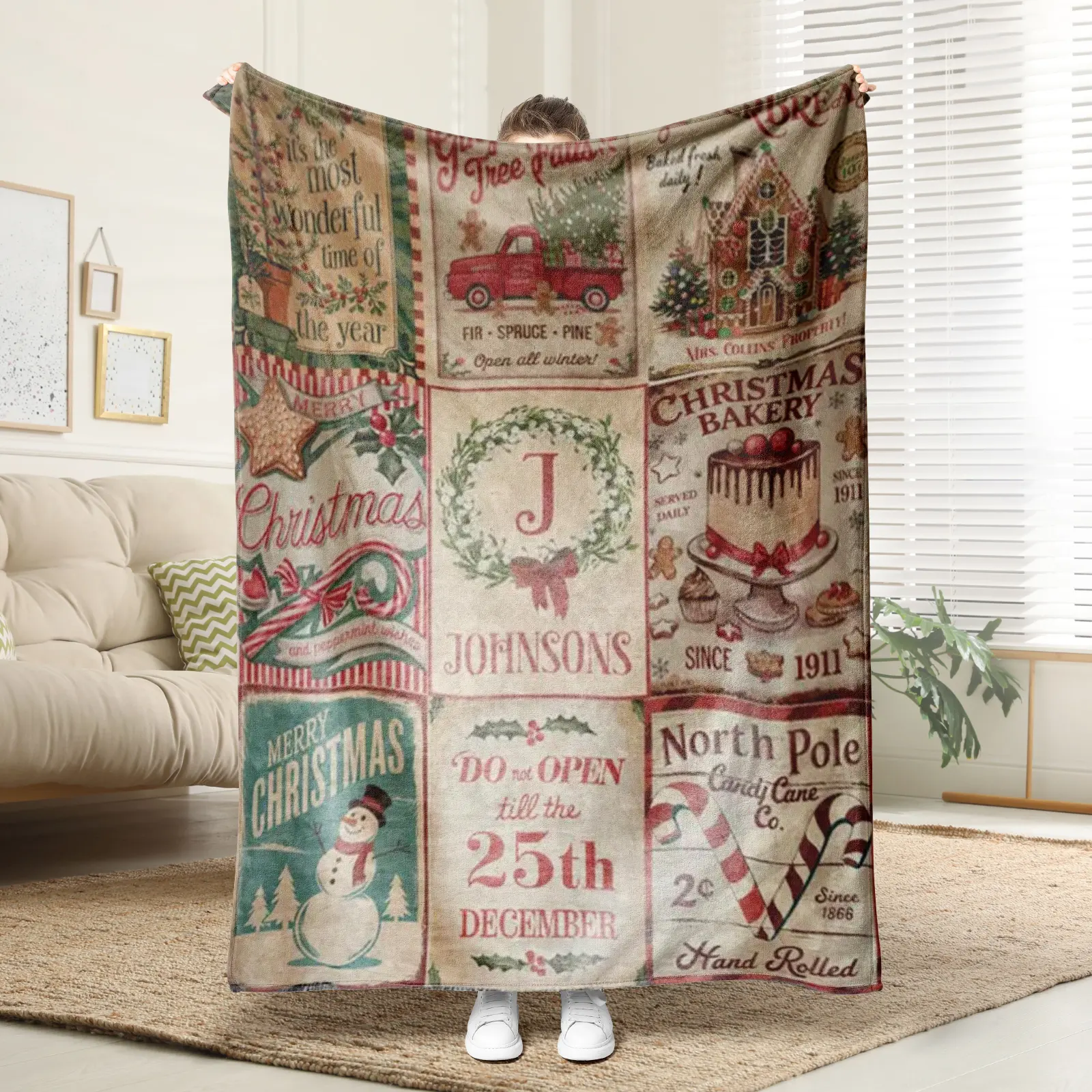 Christmas Family Blanket Christmas Keepsake Family Last Name Woven Blanket for Christmas Gift Customized Old Fashioned Xmas Gift, Kids Halloween Gift Blanket, Cute Fall Decor Throw Throw Blanket Birthday Anniversary Holiday Christmas Halloween