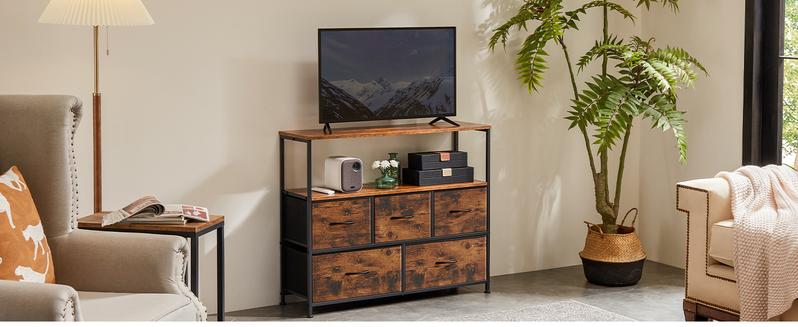 Dresser TV Stand, Entertainment Center with 5 Fabric Drawers, Media Console Table for TV with Open Storage Shelf Dresser Dresser TV Stand, Entertainment Center with 5 Fabric Drawers, Media Console Table for TV with Open Storage Shelf Dresser