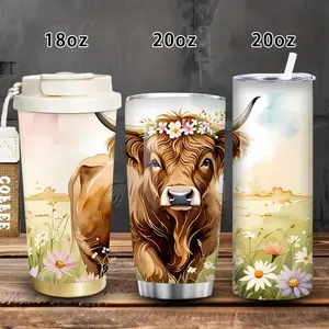 1pc 18oz/20oz Highland Cow Daisy Field Tumbler with lid and straw, winter insulated travel mug, gift for women and men, ideal for Valentine’s Day, Easter, birthday gifts, iced/hot coffee cup