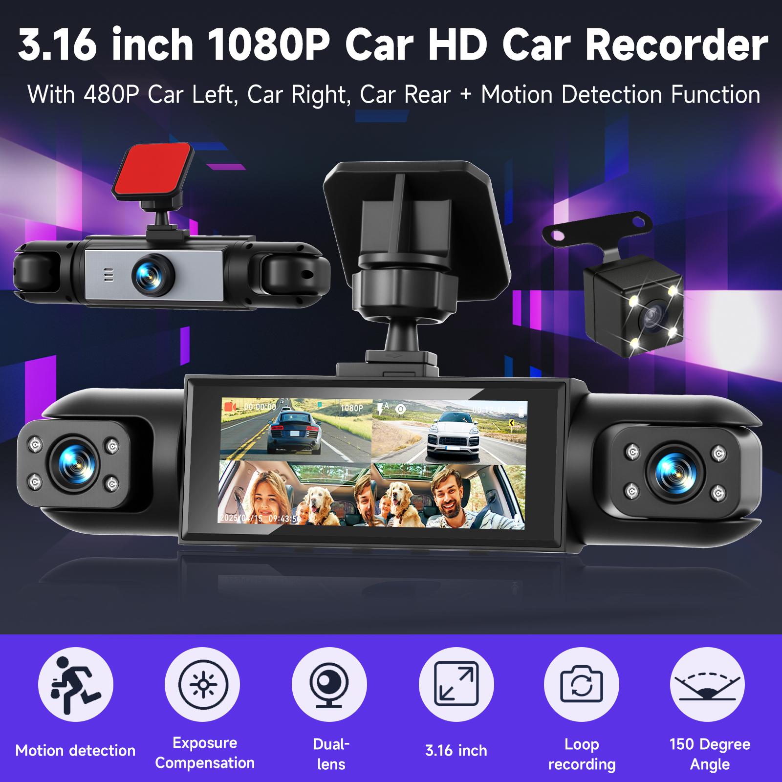 360 Degree View 4 Channel Dashcam, 1 Count Dash Camera for Car, Wide Angle Car Driving Recorder with 8 IR Night-Vision, 3.16 Inch IPS Screen 1080P HD Camera with Dual Lens
