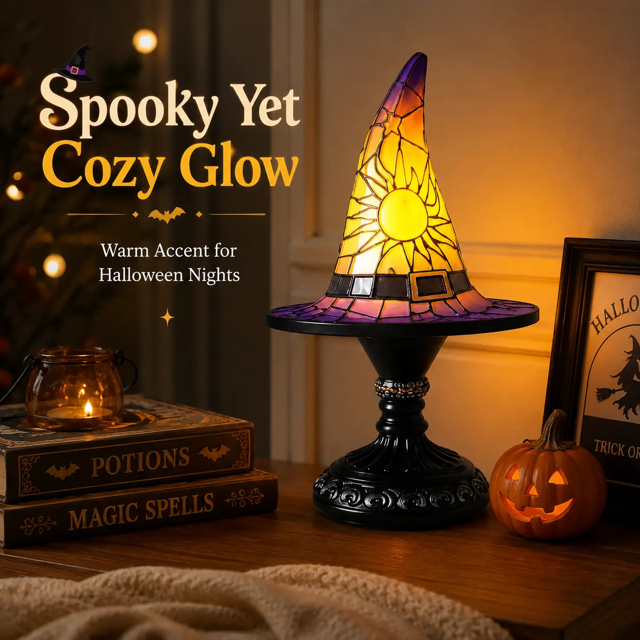 Gothic Stained Glass Style Witch Hat Lamp - Handcrafted Resin USB-Powered Nightlight, Decorative Glow Camping Lights & Lanterns for Halloween Bedroom Room Decor