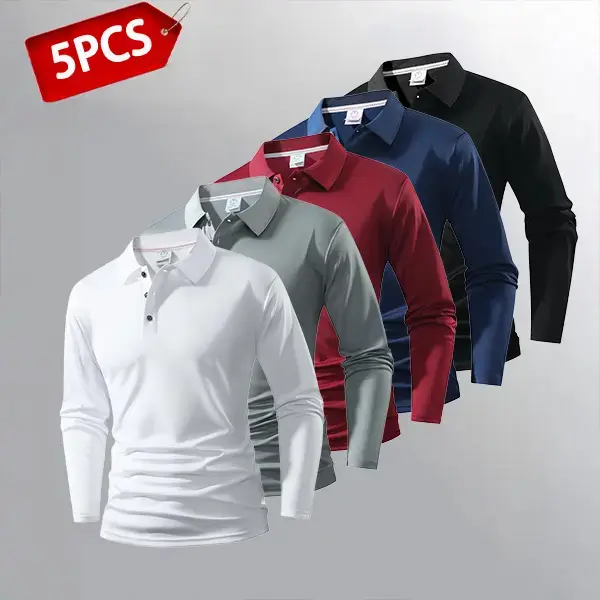Men’s Long Sleeve Polo Shirt Set of 5 - Available in multiple colors, suitable for everyday casual wear, White