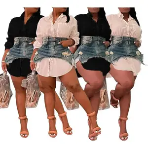 Spring Denim Combination Dress F88468 In Stock Fashion Slim Cute Dress Set