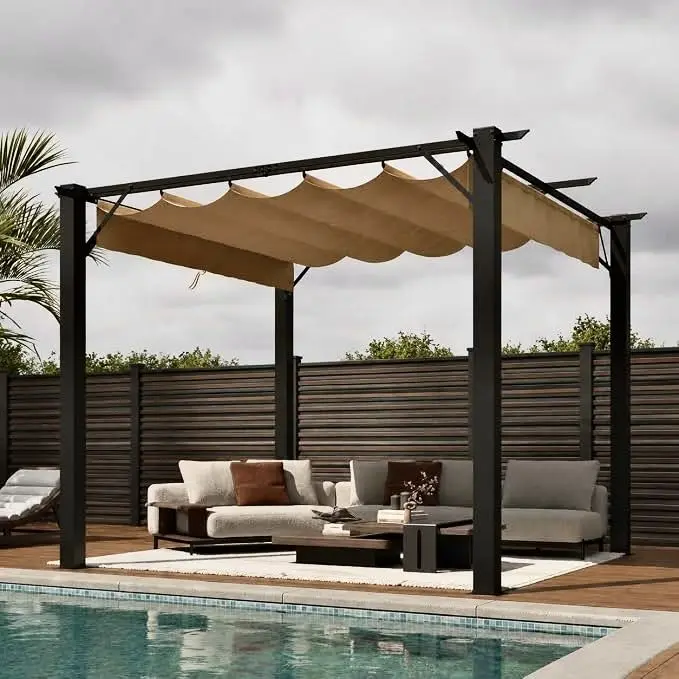 Aoxun 10x10 Square Outdoor Retractable Pergola - Metal Alloy Sturdy Frame with Adjustable Side Sun Shade Canopy, UV Protection for Garden Group Space, Deck