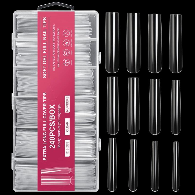 Extra Long Square Full Cover Nail Tips 240PCS XXXL Clear Full Cover Fake Nails False Nails 12 Sizes Tapered Square Press on Fake Nail Tips for Acrylic Nails Salons Home DIY with Box