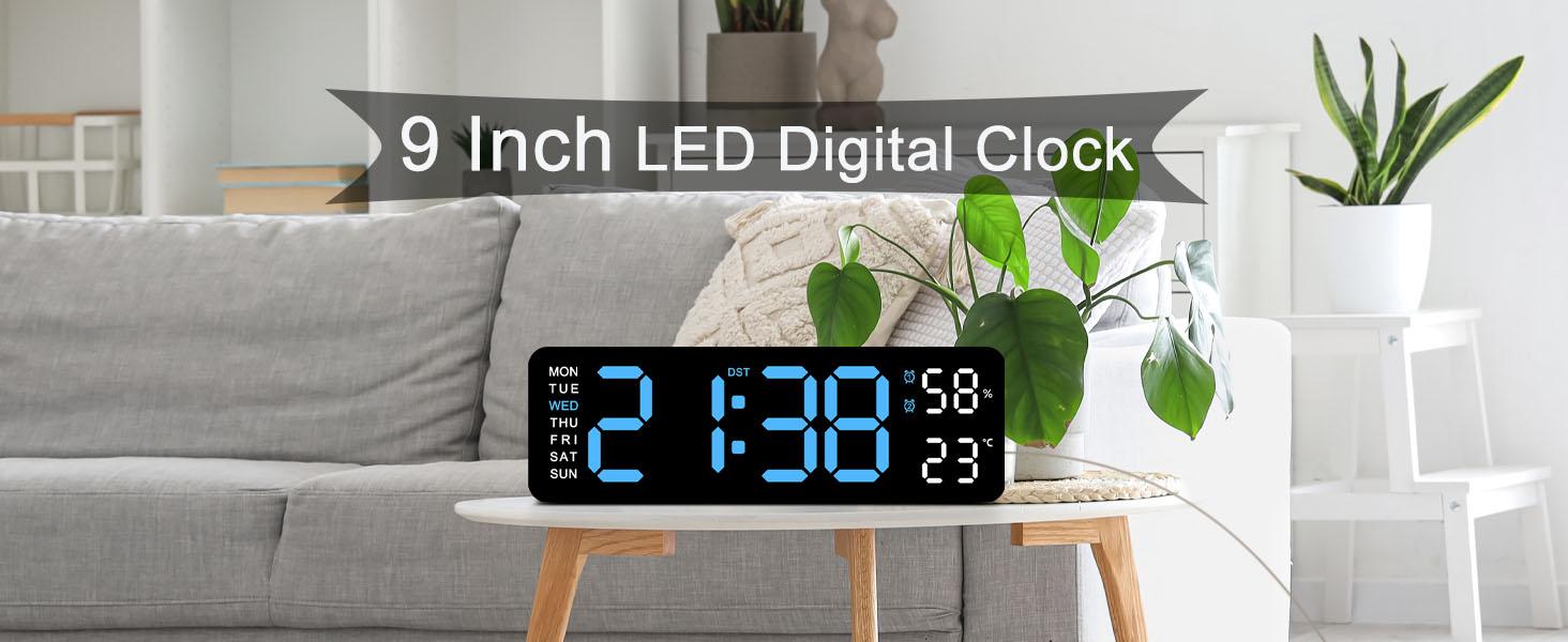 Digital Wall Clock Large Display, 9" LED Wall Clocks for Living Room Decor, Digital Clock with Temperature/DST/Auto-Dimming/Humidity/Snooze - 12/24H, Silent Digital Clocks for Seniors Kids