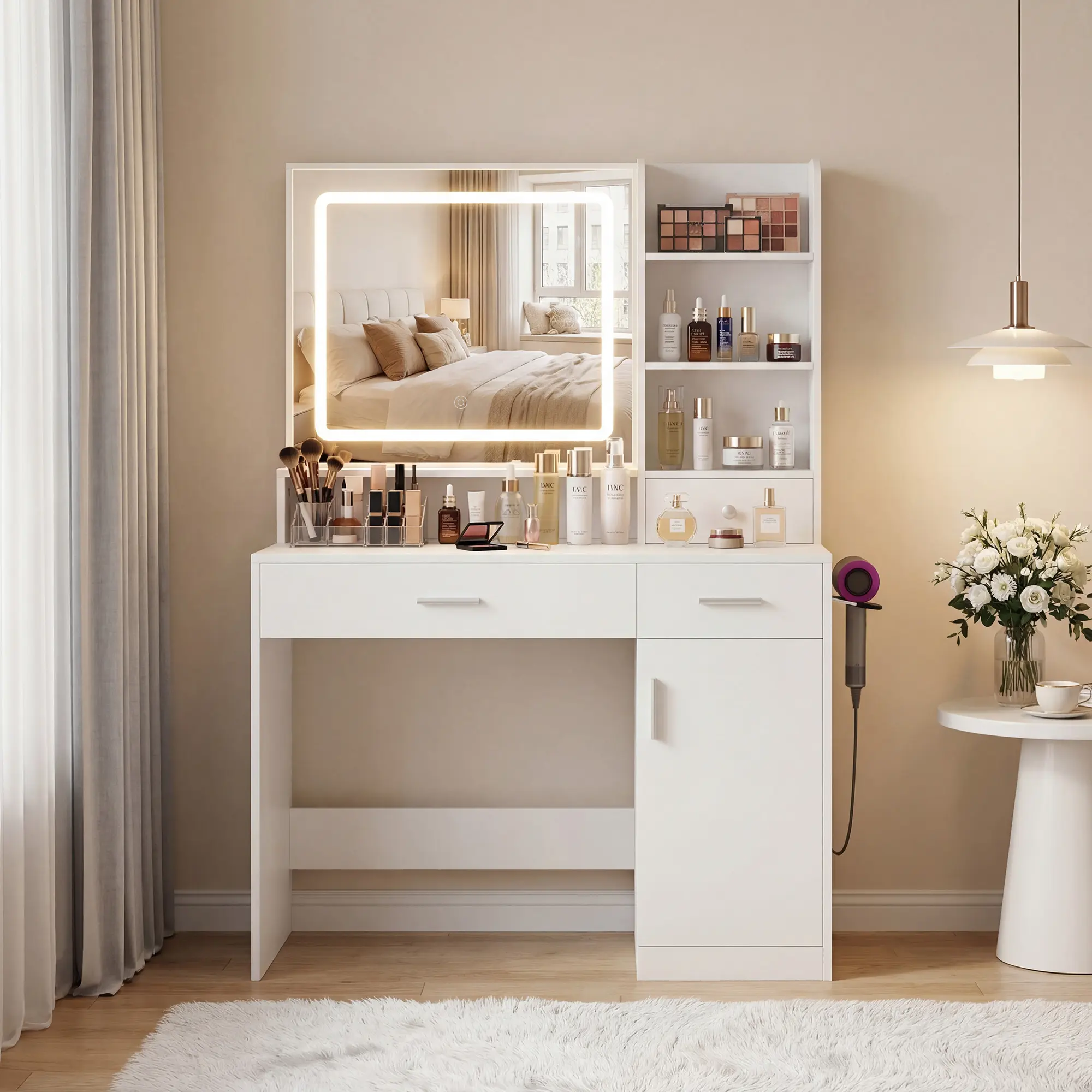 2-Drawer 1-Door / 3-Drawer 2-Door Mirror Makeup Vanity with Light Strip – Stylish & Functional Dressing Table for Modern Living 2-Drawer 1-Door / 3-Drawer 2-Door Mirror Makeup Vanity with Light Strip – Stylish & Functional Dressing Table for Modern Living