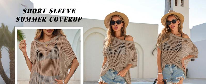 Imily Bela Crochet Sweater Tops Batwing Short Sleeve Oversized Boat Neck Boho Knit Summer Beach Cover Ups