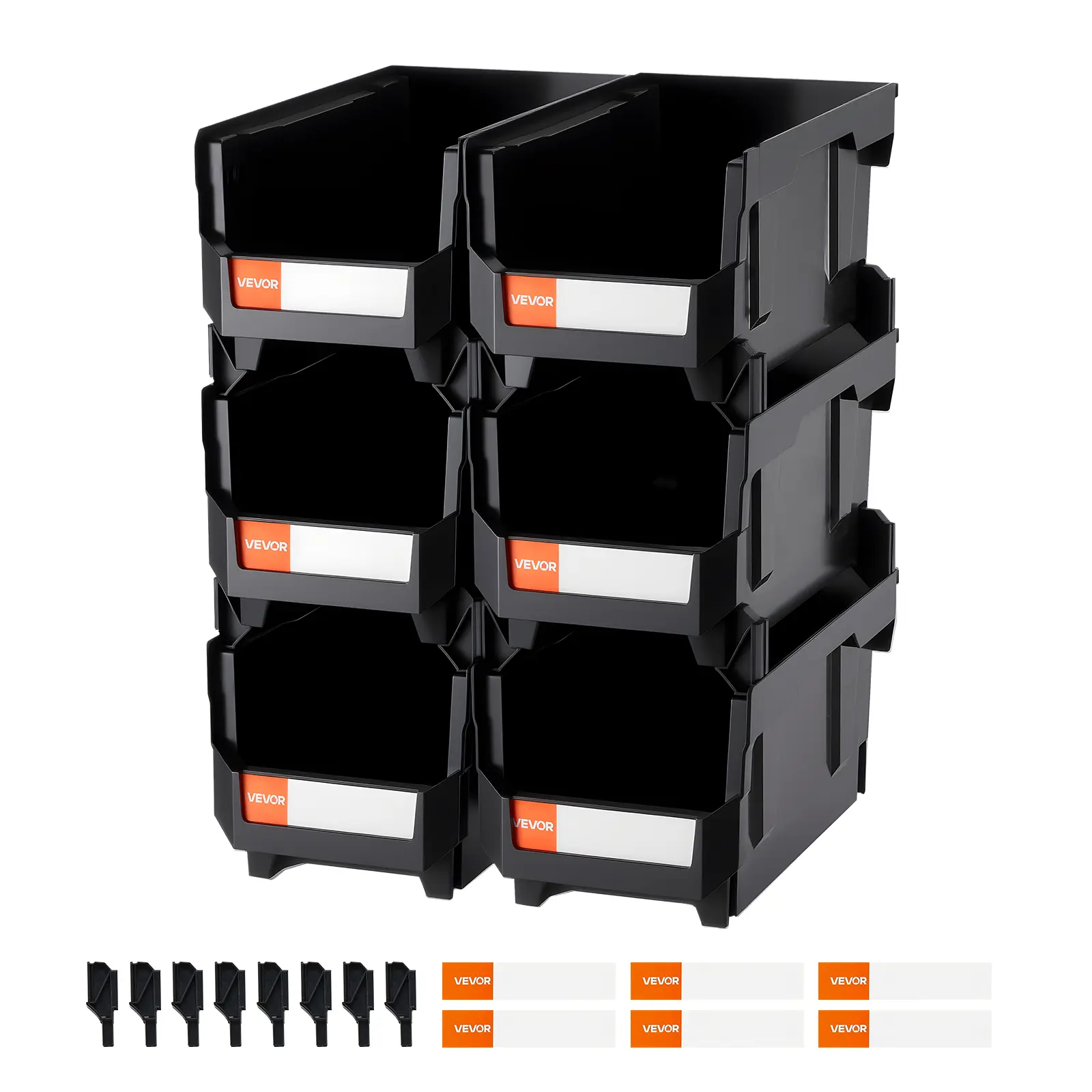 VEVOR Plastic Stackable Storage Bins,  14.8 x 8.5 x 7.1 inch (6 Pack), Plastic Containers for Organizing and Storage Bins for Closet, Garage, Small Parts, Office Supplies and Other Accessories, Black