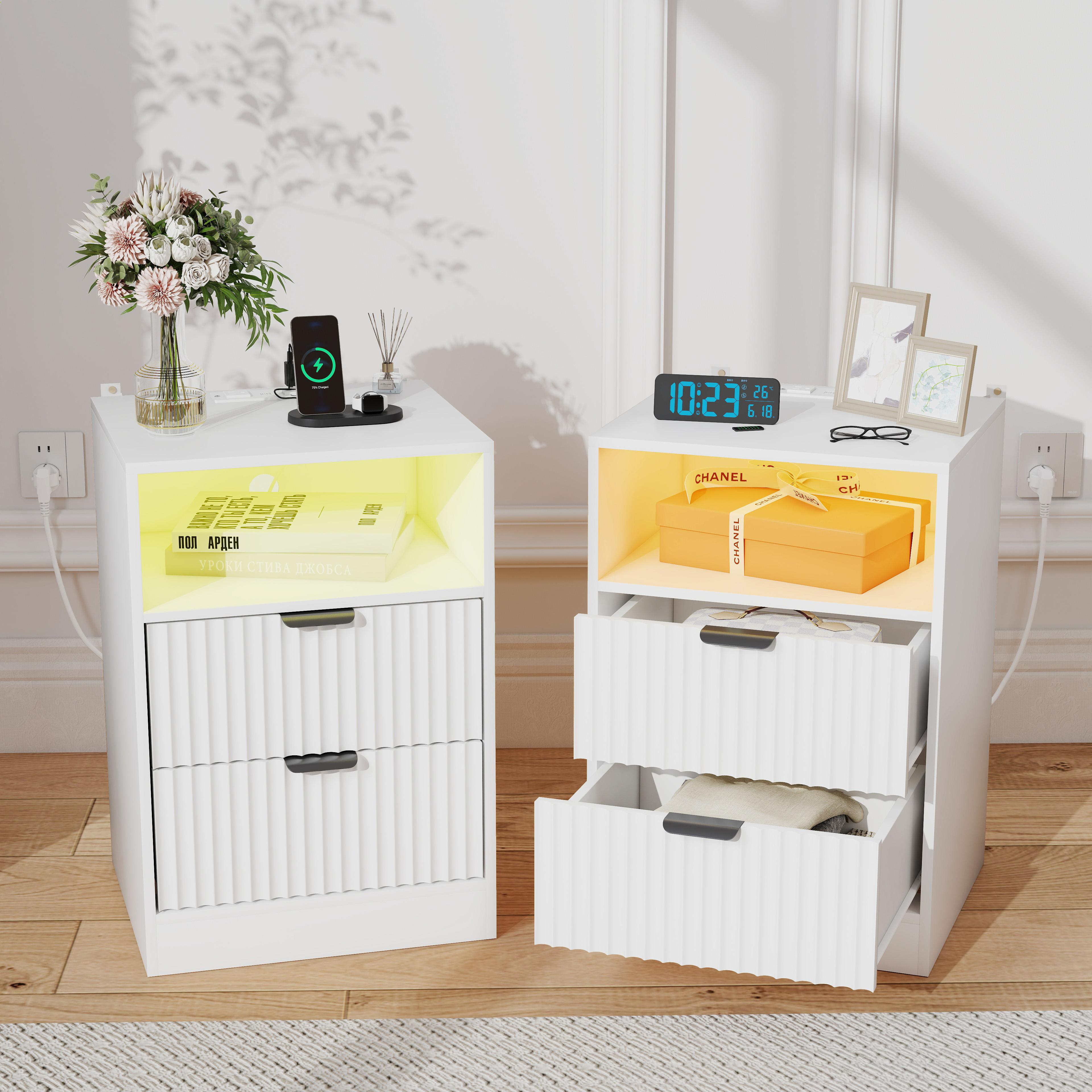 Night Stand Set 2, LED Nightstand with Charging Station,Wood Side Table,Fluted NightStands with 2 Drawers, End & Bedside Tables for Bedroom Sofa Office,Natural Oak