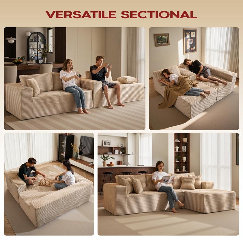 【2 Packages Shipping】Ovios 108" Sectional Cloud Couch with Ottoman for Living Room, Modular L Shaped Sofa with Plush Corduroy, Big Boneless Couches Set with Fluffy Memory Foam, Stupendous U Shaped Sofas with Chaise - No Assembly Required