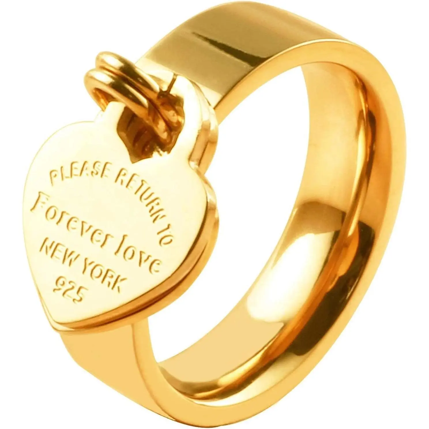 Graduation Gift Rings with Charms for Girlfriend, 6mm Heart Dangle Ring Graducation Gift 18k Gold Plated Ring Engraved Promise Ring Jewelry
