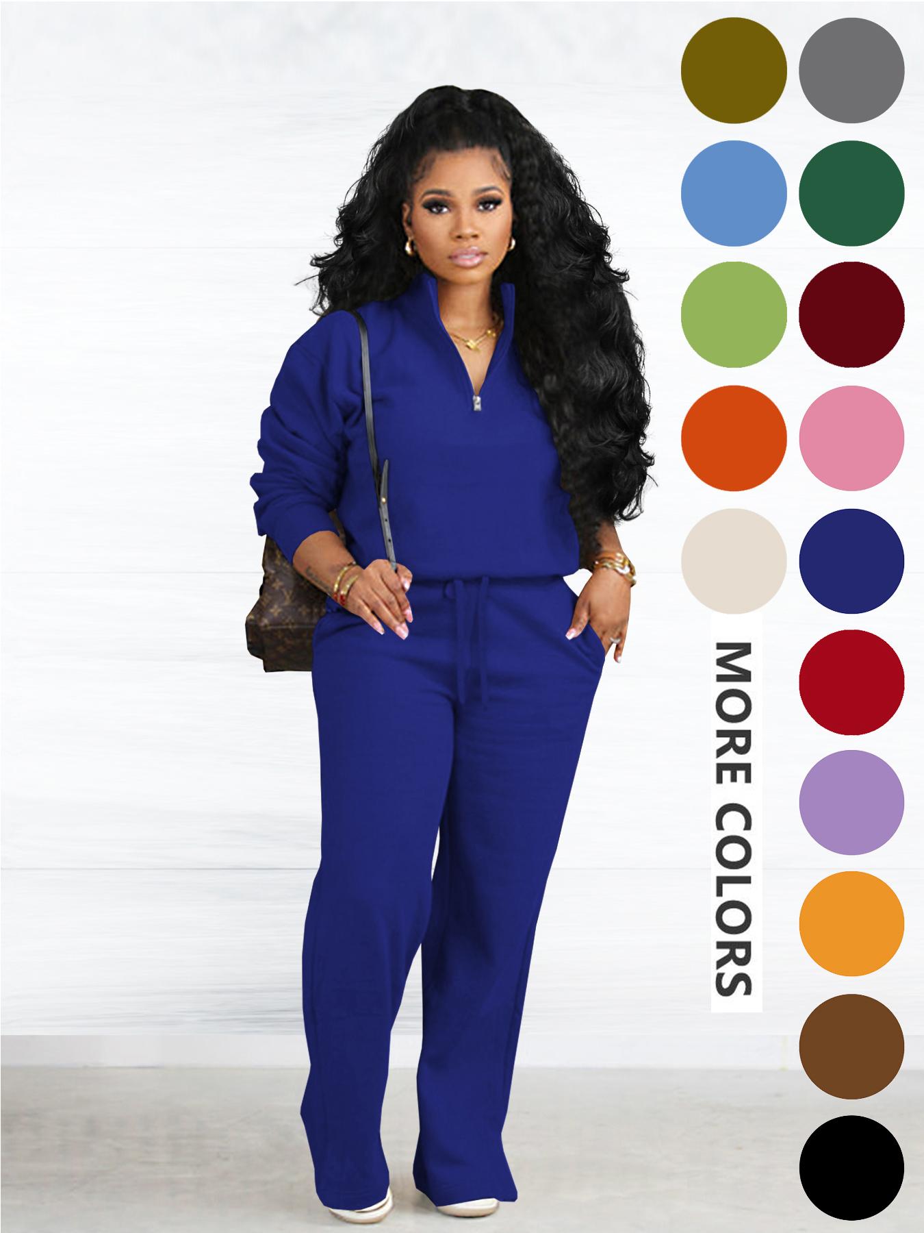 Women's Two-piece Set Solid Zip Up Funnel Neck Sweatshirt & Drawstring Waist Pants Casual Fall Winter Workout Sets Cozy Drop Shoulder Long Sleeve Top Pocket Trousers for Daily Outdoor Wear