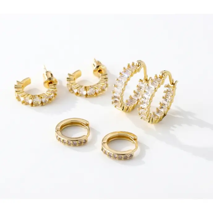 Brass electroplated  Hypoallergenic Stainless Steel Hoop Earrings Set 3 Pairs Cubic Zirconia Huggies for Cartilage & Snug Pierced Ears Comfortable Wear Versatile Choice Fashion