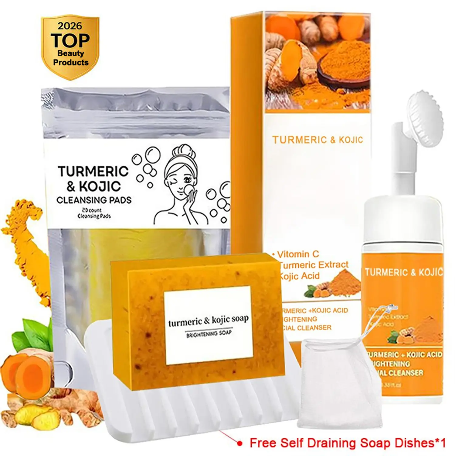 TURMERIC Wash And Care 5 Piece Set-Turmeric Mousse Cleansing,Turmeric Tablets,Self Draining Soap Dish,Exfoliating Foaming Soap Bag,Turmeric Soap Facial Cleansing Skincare Comfort Kit.