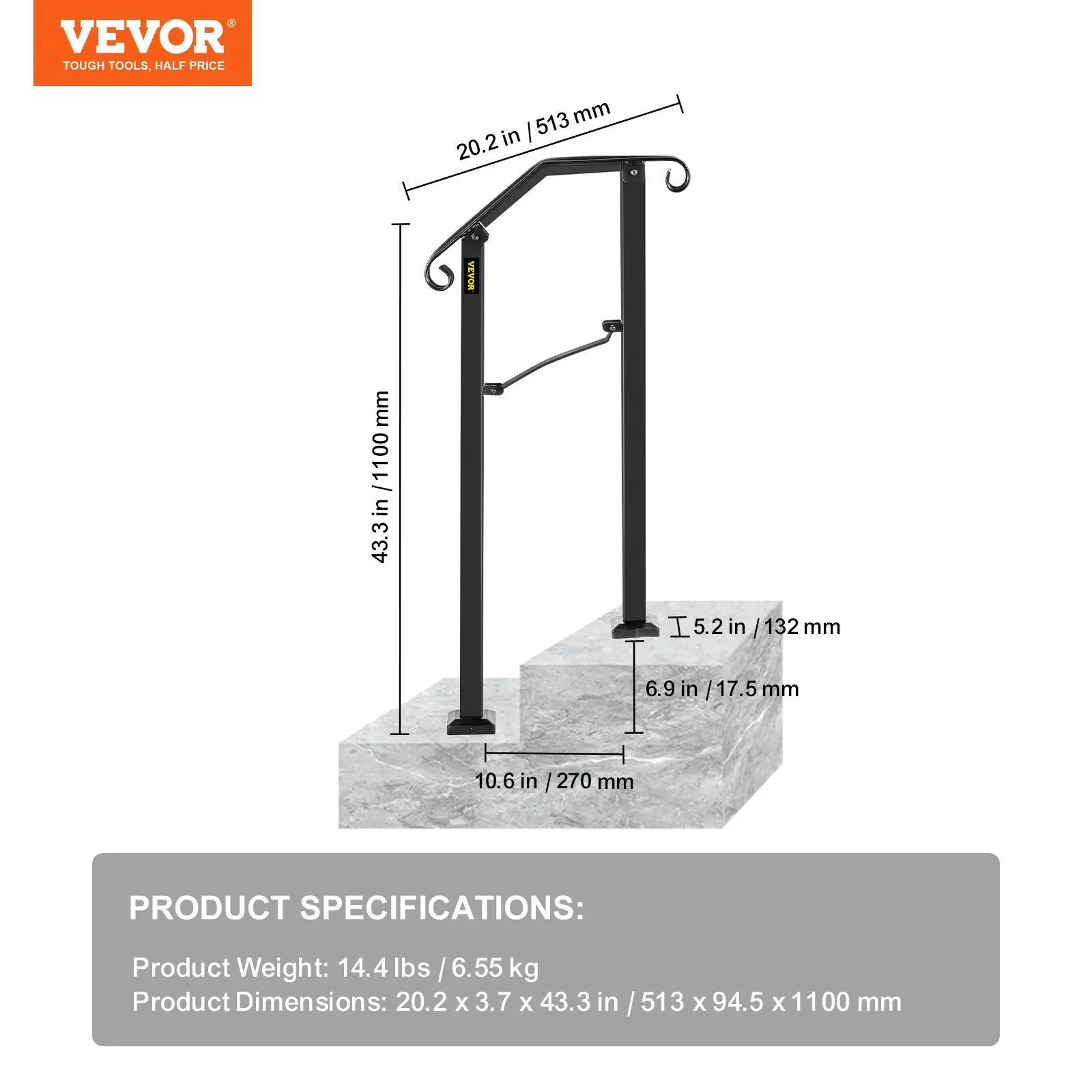 VEVOR Handrails for Outdoor Steps,  , Fit 1 or 2 Steps Outdoor Stair Railing, Arch#1 Wrought Iron Handrail, Flexible Porch Railing, Black Transitional Handrails for Concrete Steps or Wooden Stairs Visit the Happybuy Store#BackToSchool