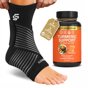 Sleeve Stars Ankle Brace & Turmeric Curcumin Supplement Bundle – Adjustable Customizable Compression Ankle Sleeve with Removable Strap + Joint Support Capsules with Ginger & BioPerine, for Men & Women