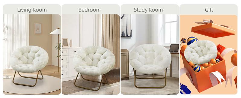 Cozy Saucer Chairs Faux Fur Living Room Reading Lounge Furniture Folding Comfy with Soft Thick Padded Seat Metal Frame Modern Style for Bedroom Home