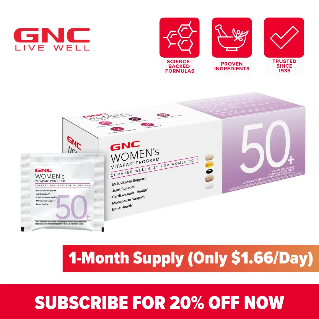 GNC Women’s 50+ Vitapak, 5-in-1 Multivitamin Pack, Healthy Hormones, Brain Health, Metabolism, Bone Strength, Dietary Supplement, 30 Servings