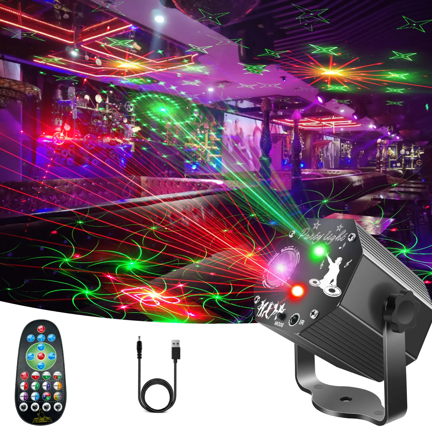【Crazy Discount】POGOLAB DJ Laser Party Lights, RGB LED Disco Light, 72 Parttern, Sound Activated Projector Strobe Light with Remote Control for Christmas Halloween Decorations Karaoke Birthday Dance Wedding Stage Show, Free Ship